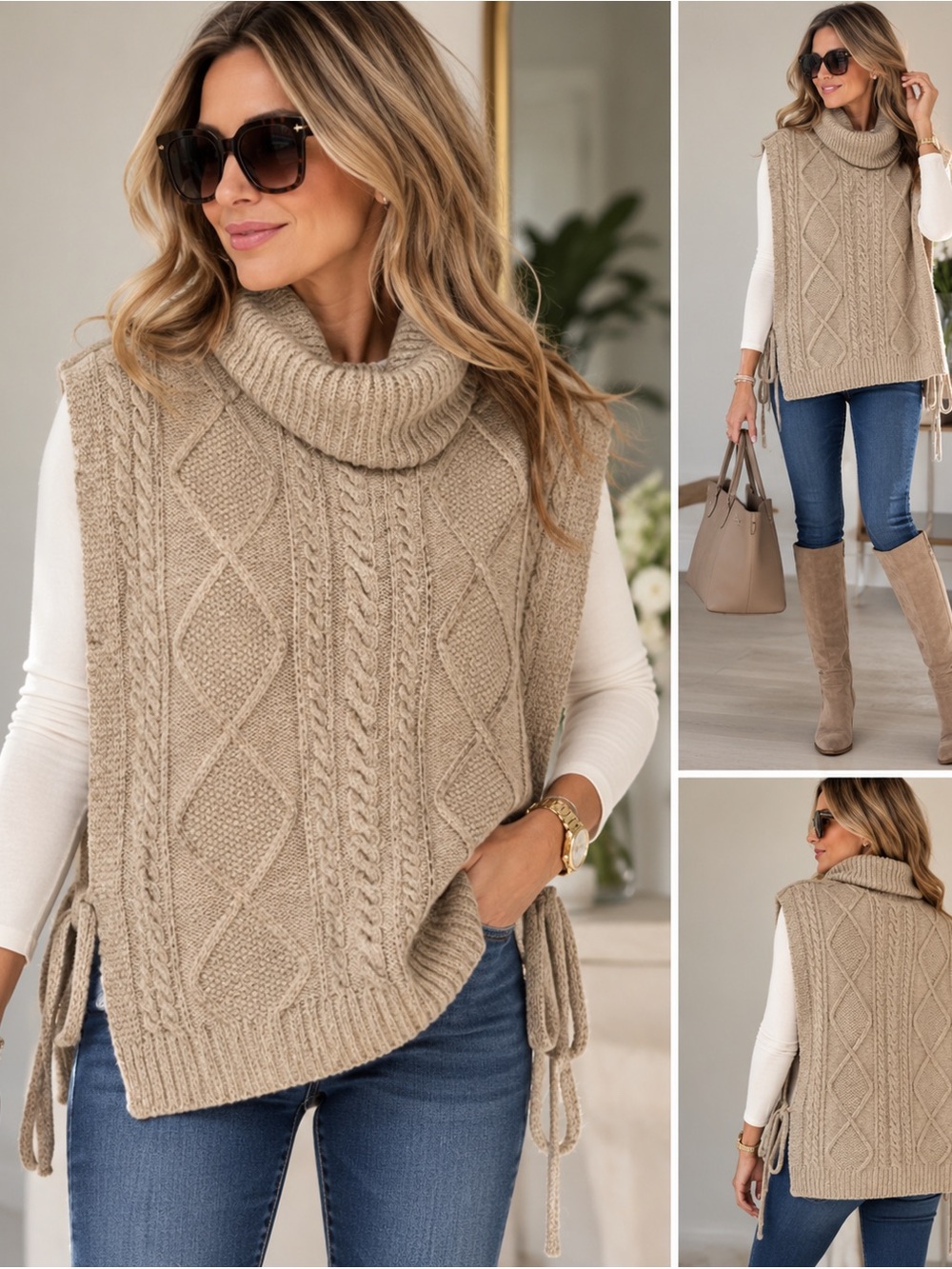 NWOT Cream Cable-Knit Turtleneck Poncho – Taupe Beige